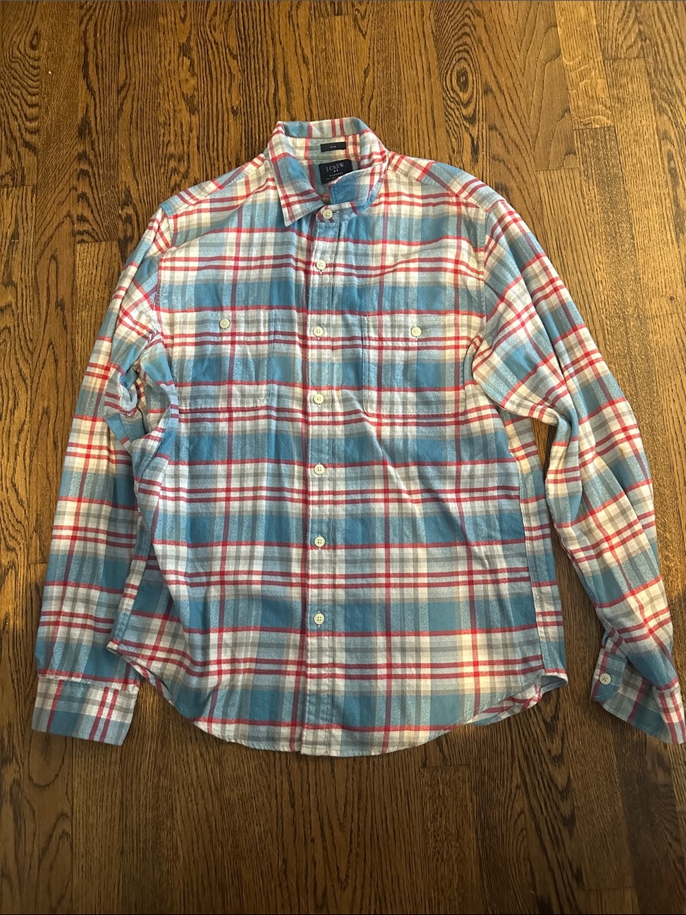 J. Crew Light Blue and Red Plaid Flannel